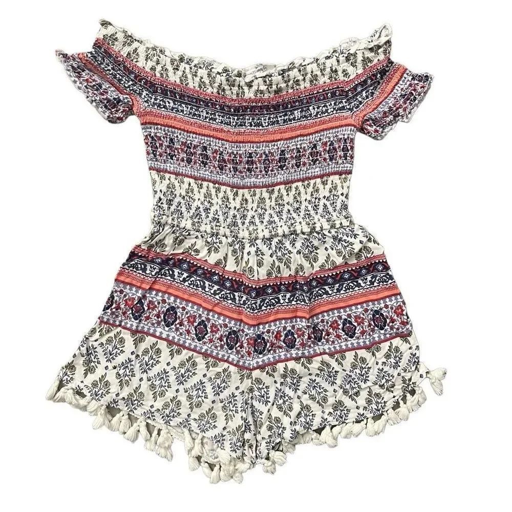 Art Class Girl’s Geo Print Boho Tassel Trim Smocked Off The Shoulder Romper 4/5